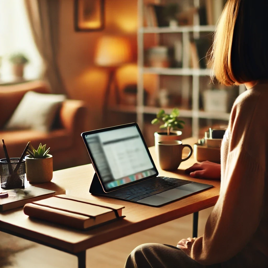 A cozy home setting with a focus on a laptop and desk setup. A modestly dressed woman with straight, shoulder-length hair is slightly blurred and cropped, only partially visible from the side and back. Her face is slightly visible, though not in focus. Her right hand is resting on the keyboard. The laptop and desk take center stage, featuring a well-organized workspace with a slanted tablet showing a screen, a notebook, a coffee mug, and other small work-related items. The warm, soft lighting creates a comfortable atmosphere, with decorative plants, bookshelves, and a plush chair in the background.